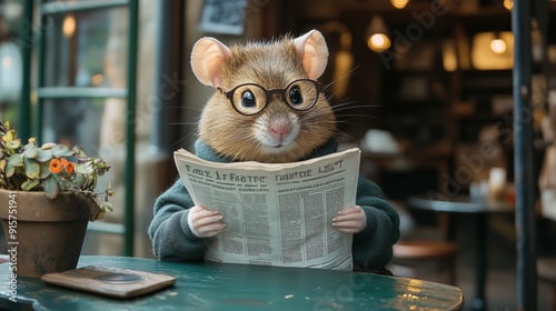 mouse with glasses reading newspaper . Generative AI