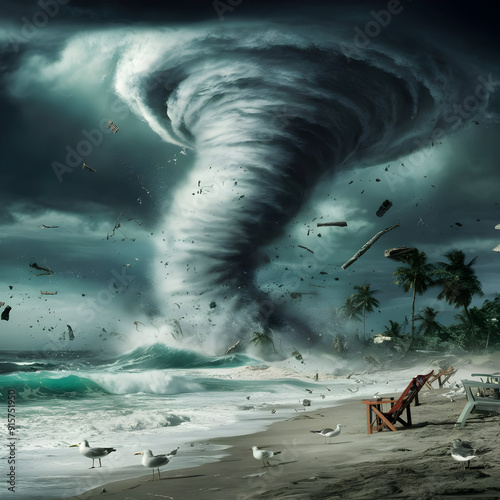 A tornado is coming out of the sky over a beach