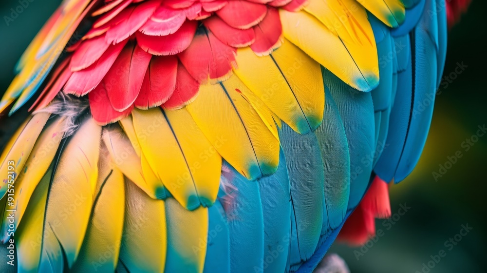 Fototapeta premium Bright top view displaying a varied and colorful pattern of feathers from exotic tropical birds