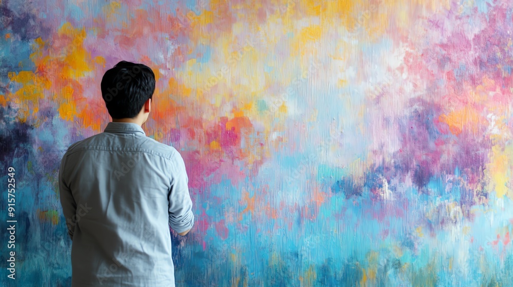 Obraz premium A person admires colorful abstract art on a wall, reflecting creativity and inspiration in a vibrant artistic environment.