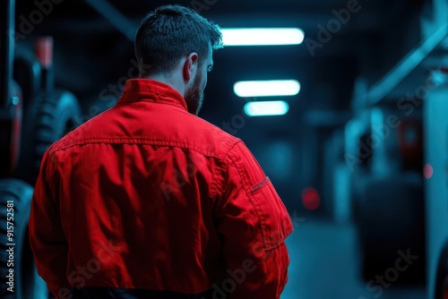 A man in a vibrant red jacket stands in a dimly lit warehouse, surrounded by industrial elements and blue lighting.