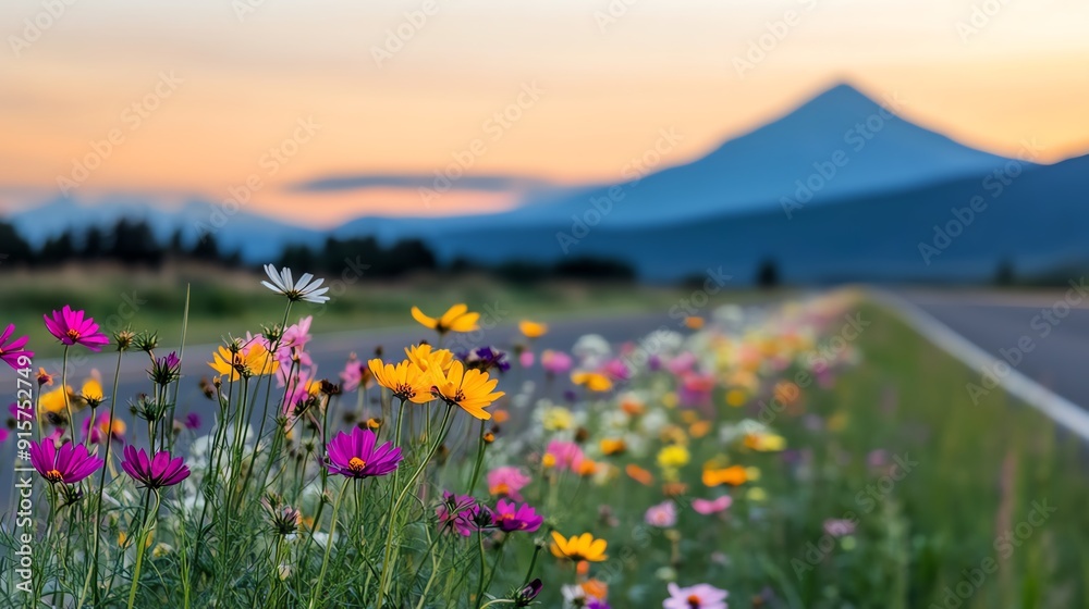 Obraz premium A vibrant field of wildflowers alongside a scenic road, set against a majestic mountain and a serene sunset sky.