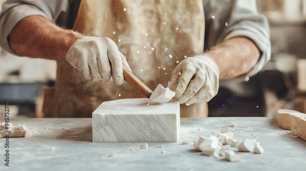 An artisan skillfully carves a marble block, showcasing dedication and craftsmanship in a creative workspace filled with tools.
