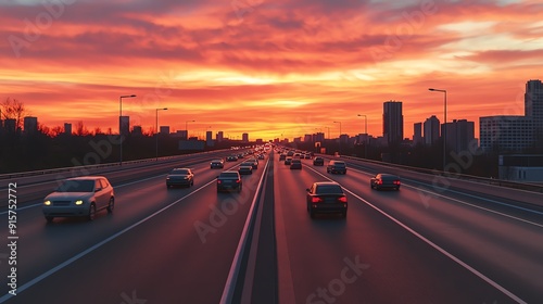 A vibrant sunset casts colorful skies over a bustling highway with cars, showcasing an urban landscape in motion.