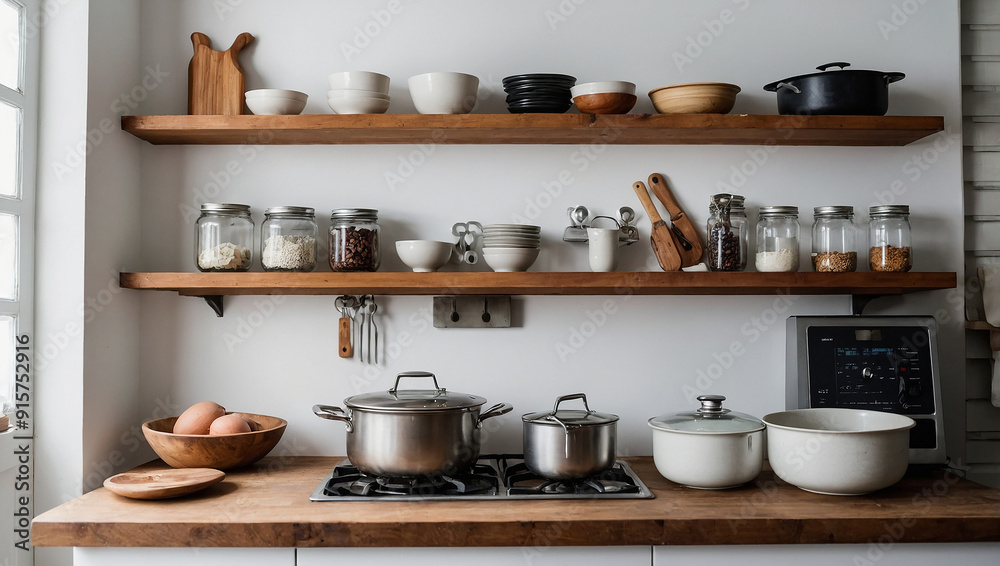 a kitchen countertop with two pots, a plate of bread a kitchen countertop with two pots, a plate of bread