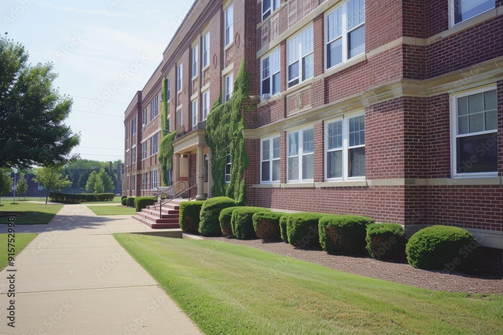 Outside Of Building. American School Architecture with Brick Exterior for Academic Education Outside Of Building. American School Architecture with Brick Exterior for Academic Education