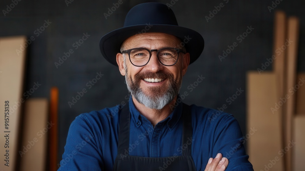A smiling artisan stands confidently in a workshop, showcasing passion for craftsmanship and creativity in a warm atmosphere. A smiling artisan stands confidently in a workshop, showcasing passion for craftsmanship and creativity in a warm atmosphere.