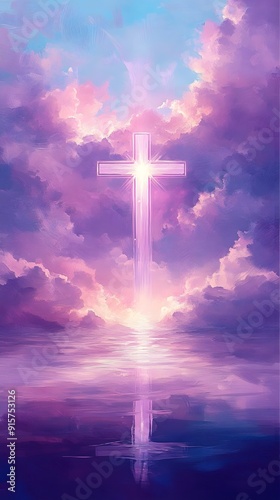 A cross with clouds behind it, shining light in the sky. The background is an abstract painting of purple and yellow colors.