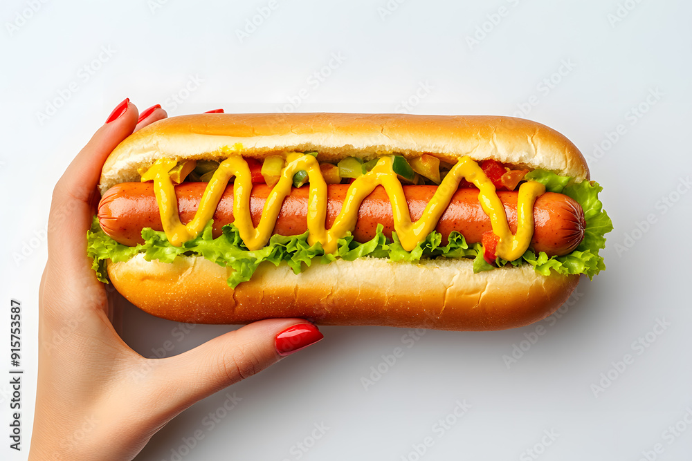 A hand holding a hotdog with ketchup and mustard isolated on a white background A hand holding a hotdog with ketchup and mustard isolated on a white background