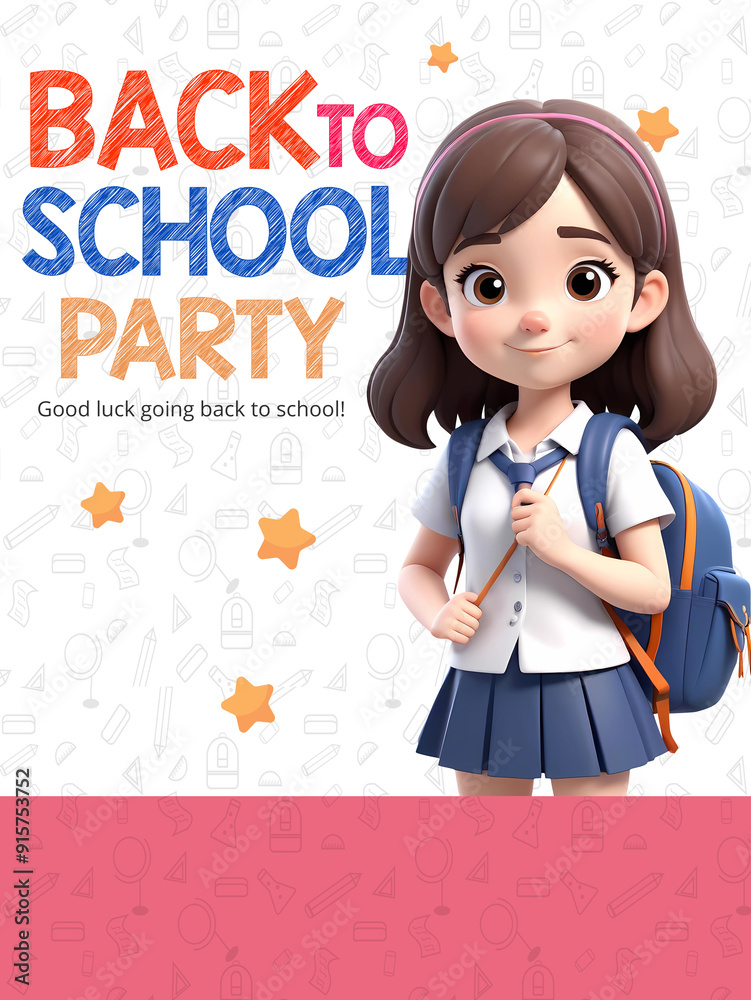 Back to school party poster with 3d girl cartoon character with school bag Back to school party poster with 3d girl cartoon character with school bag