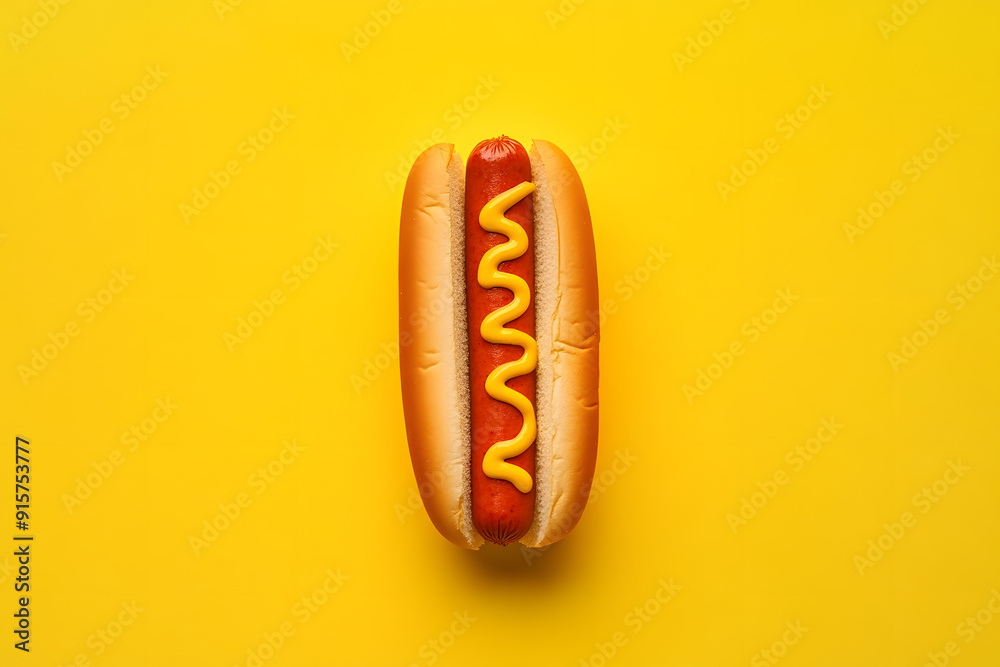 Hotdog with mustard against a color background