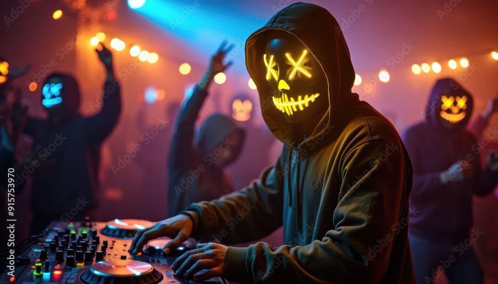 halloween party, DJ with Neon Mask in a Party Crowd. Energetic Techno Music Event, Rave and Nightlife Photo. halloween party, DJ with Neon Mask in a Party Crowd. Energetic Techno Music Event, Rave and Nightlife Photo.