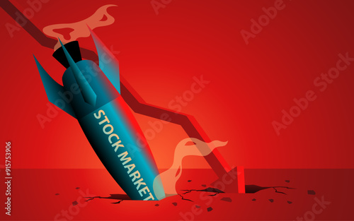 Vector illustration of a rocket labeled Stock Market and arrow chart that has crashed. Illustrating economic downturns, financial crisis, or stock market failures