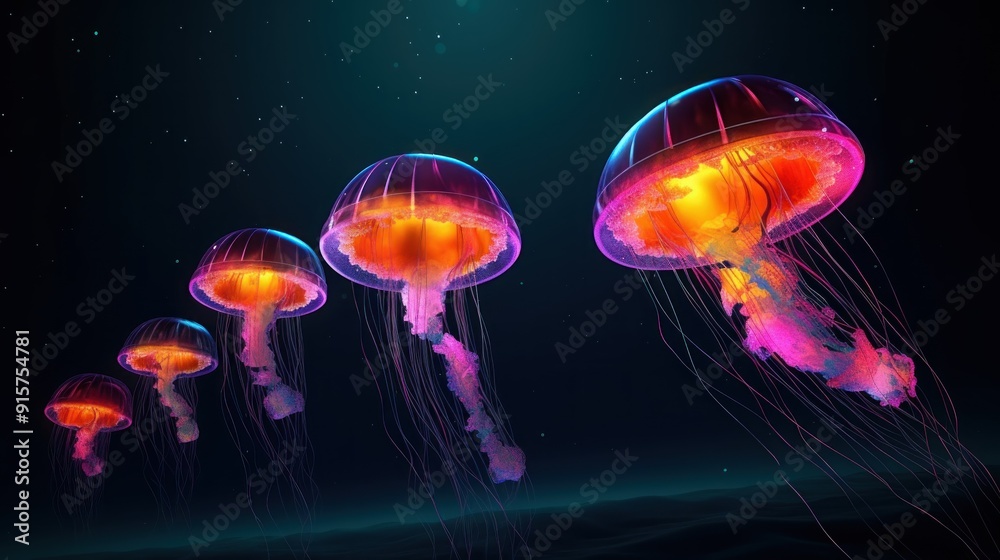 Glowing Jellyfish in the Deep Ocean Glowing Jellyfish in the Deep Ocean