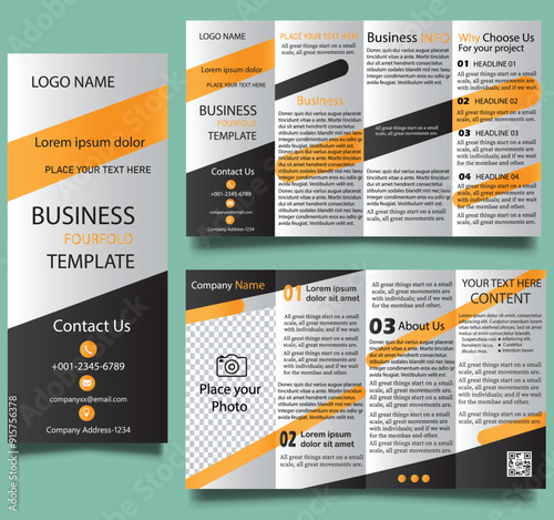 Accordion Fold Brochure, Eight Pages Four Panel Leaflet, Concertina Fold, Four Fold Brochure red Vector Template