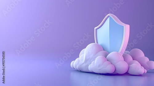 3D illustration of a blue shield standing on top of white clouds with a purple background, representing cloud security and protection.