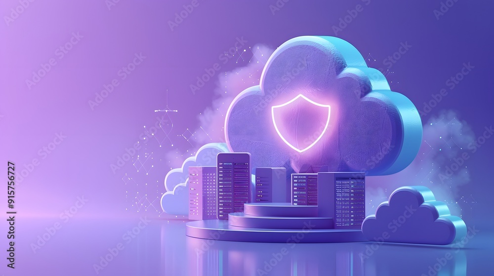 3D illustration of a cloud with a security shield, surrounded by servers. Concept of cloud computing and data protection. 3D illustration of a cloud with a security shield, surrounded by servers. Concept of cloud computing and data protection.
