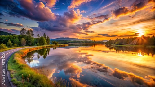 A picturesque sunset over a tranquil lake, showcasing vibrant colors reflected in the water, a winding road leading into the distance, and lush greenery bordering the lake, symbolizing peace, beauty, 