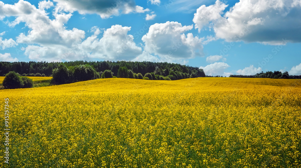 Obraz premium Beautiful landscape with field of yellow canola or rapeseed flowers and blue cloudy sky. Brassica napus. Springtime.
