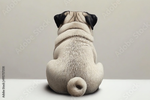 Cute Pug dog sitting with its back to the camera, tail curled.