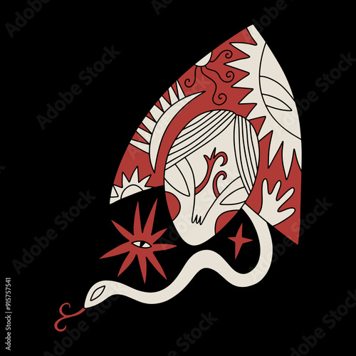 Rural doodle slavic horror girl with snake portrait princess local girl folklore costume folk style clip-art