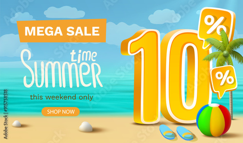 Summer time, sale offer 10 percentage, flyer save season. Vector illustration