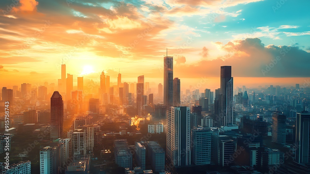 Fototapeta premium City Skyline with Golden Sunset and Clouds