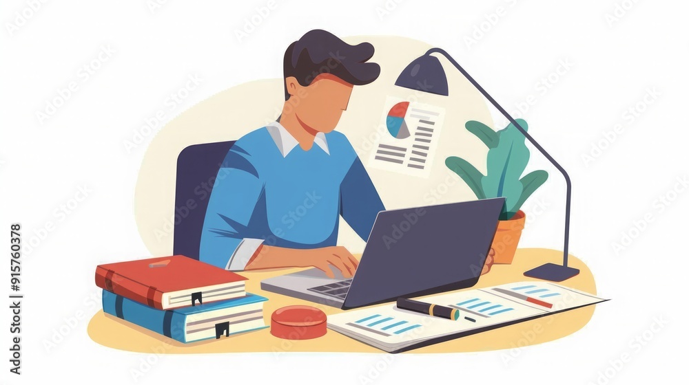 Man Working on Laptop at Desk - Business Illustration Man Working on Laptop at Desk - Business Illustration