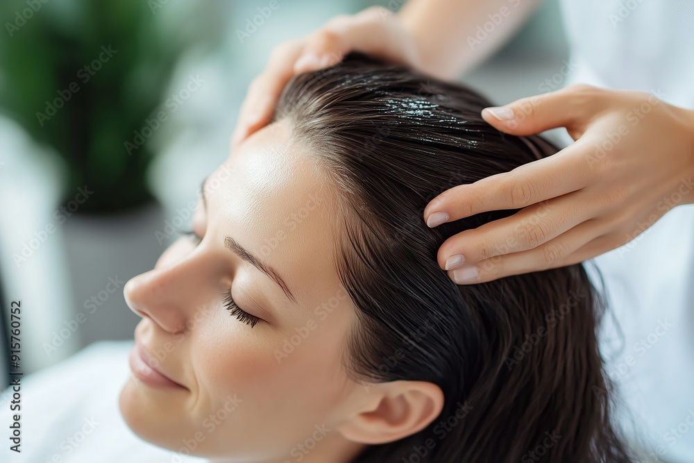 Naklejka premium A relaxing hair treatment session at a soothing spa during the afternoon hours with a satisfied client