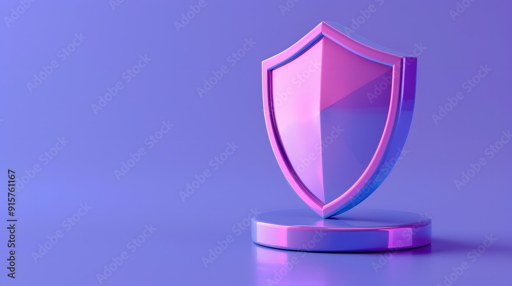 3D render of a shiny shield in a purple background, symbolizing protection and security in a modern, minimalist design. 3D render of a shiny shield in a purple background, symbolizing protection and security in a modern, minimalist design.