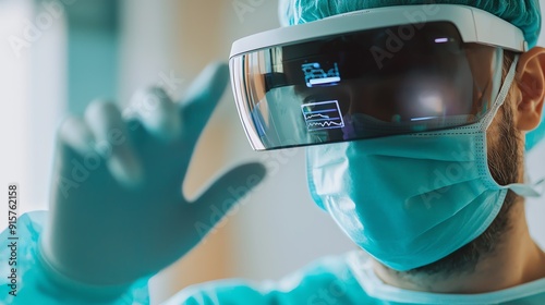 A healthcare professional using augmented reality glasses in a clinical setting for advanced medical procedures and patient care.