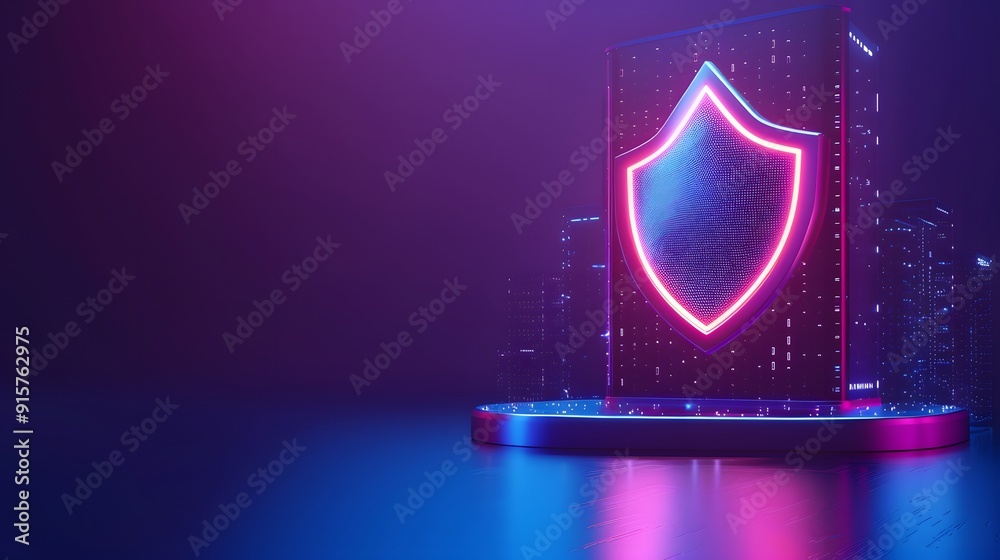 Fototapeta premium A glowing neon shield representing cybersecurity and data protection in a futuristic digital environment, with a cityscape background.