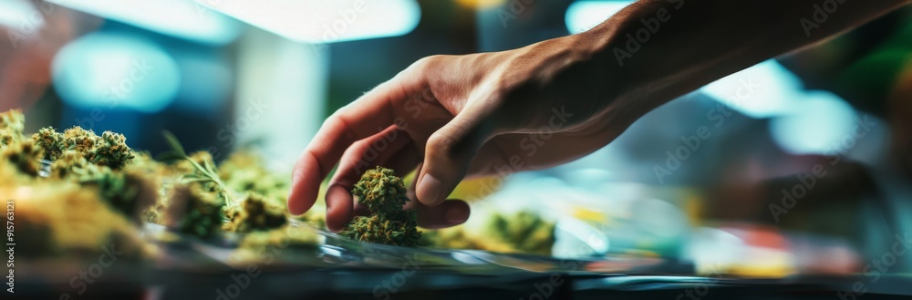 Fototapeta premium Careful Selection of Medical Cannabis Buds: A Close-up of a Hand Picking from a Dispensary's Assortment of Marijuana Strains in a Pharmacy Setting.