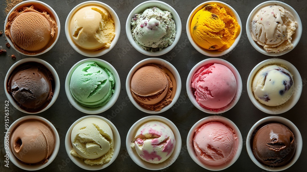 Assorted ice cream flavors in containers on dark background. Frozen dessert and summer treat concept. Banner with copy space for ice cream shop advertising and menu.