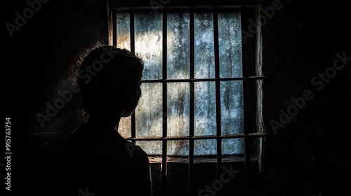 A person is standing in front of a window with bars on it