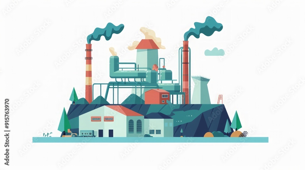 Industrial Landscape: Factory with Smoke Stacks and Pollution