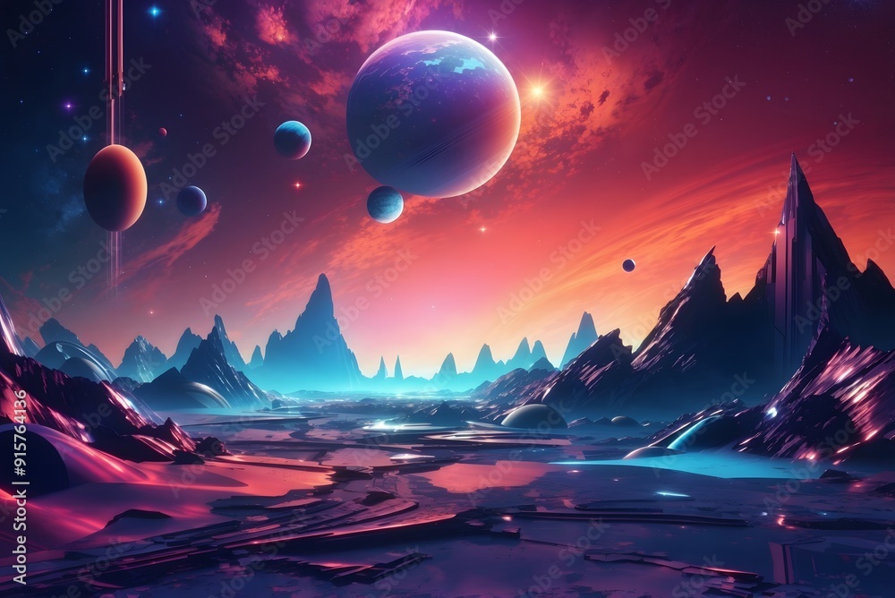 Futuristic fantasy landscape, sci-fi landscape with planet, neon light, cold planet. Galaxy, unknown planet. Dark natural scene with light reflection in water. Neon space galaxy portal. 3d
Futuristic fantasy landscape, sci-fi landscape with planet, neon light, cold planet. Galaxy, unknown planet. Dark natural scene with light reflection in water. Neon space galaxy portal. 3d