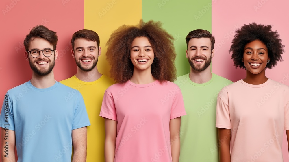 A group of people wearing colorful t-shirts are smiling and posing for a photo. Concept of happiness and camaraderie among the group A group of people wearing colorful t-shirts are smiling and posing for a photo. Concept of happiness and camaraderie among the group