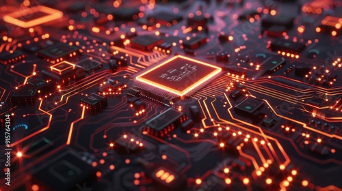 printed circuit board, with glowing neon