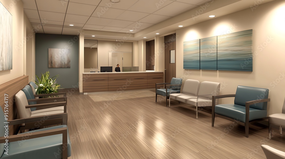 Modern Waiting Room with Reception Desk and Seating Modern Waiting Room with Reception Desk and Seating