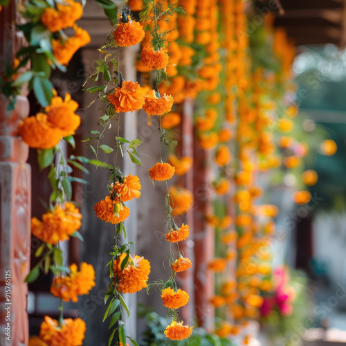 Marigold garlands draping along the house's exterior, Day of the Dead, blurred background. photo