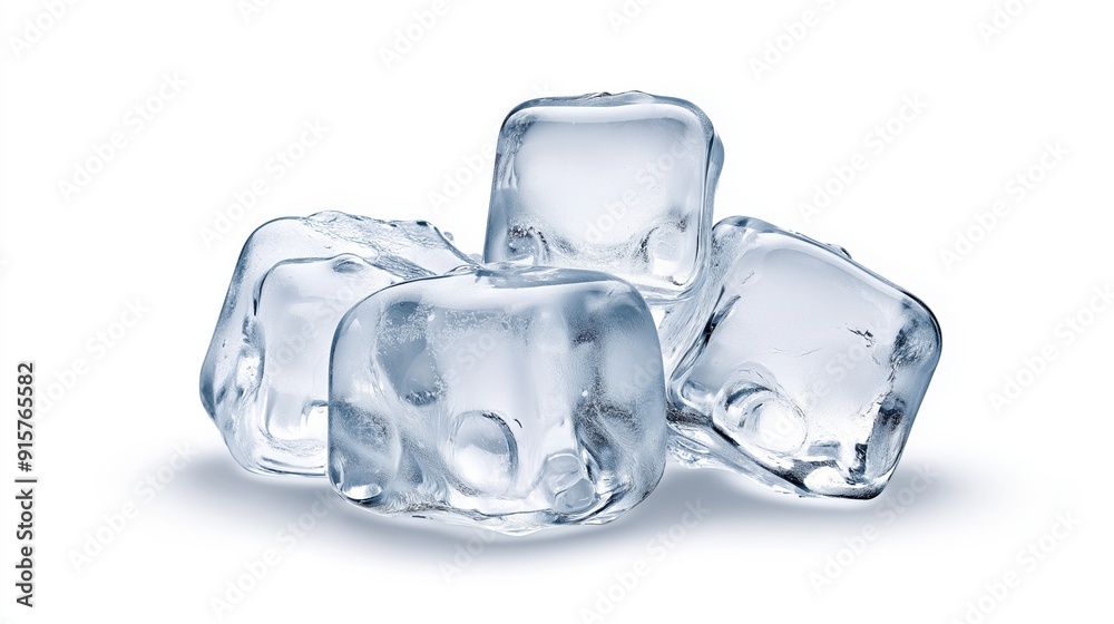 Obraz premium A pile of ice cubes on a white background. The cubes are clear and shiny, and they are stacked on top of each other. Concept of coldness and stillness, as the ice cubes are not moving or changing