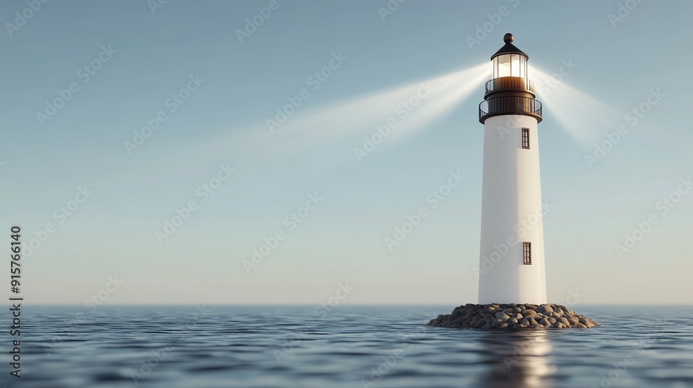 A serene lighthouse standing tall on a rocky island, casting beams of light over calm waters, symbolizing guidance and safety. A serene lighthouse standing tall on a rocky island, casting beams of light over calm waters, symbolizing guidance and safety.
