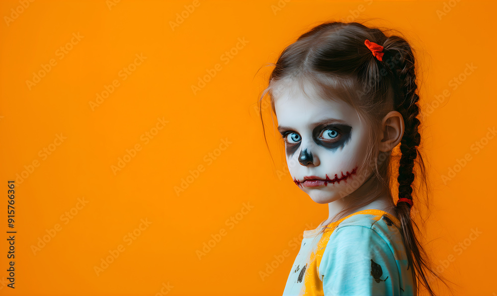 Child girl with painted face on the orange background. Halloween party and Día de Muertos concept. Greeting card, banner with copy space. Autumn or Birthday party concept. Child girl with painted face on the orange background. Halloween party and Día de Muertos concept. Greeting card, banner with copy space. Autumn or Birthday party concept.