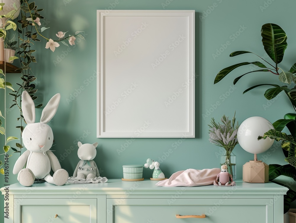 custom made wallpaper toronto digitalBlank white frame mockup on a dresser with toys and plants in a light green nursery.