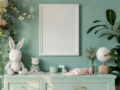 Wallpaper Mural Blank white frame mockup on a dresser with  toys and plants in a light green nursery. Torontodigital.ca