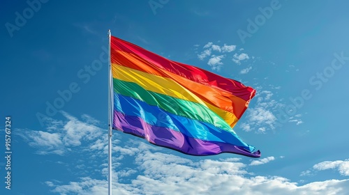 Rainbow flag waving proudly against a bright blue sky with white clouds.