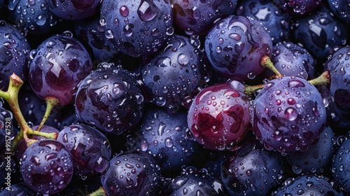 Close up of fresh grape fruit background with leaves, top view. Photorealistic high resolution macro photography for advertising or food design.