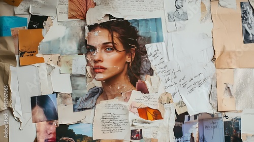 A Collage of Torn Paper and Photographs with a Woman's Face as a Focal Point photo