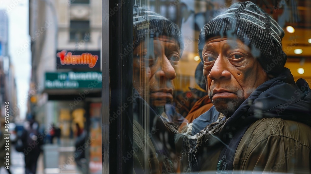 Homeless. A man is sitting in a window with a reflection of a car in the background. The reflection is blurry and the man is wearing a hat and a blue jacket Homeless. A man is sitting in a window with a reflection of a car in the background. The reflection is blurry and the man is wearing a hat and a blue jacket